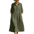 thumbnail image 3 of QUNYINEY Cotton Linen Women Dresses Midi A Line 3/4 Sleeve Shirt Dress Loose Fit with Pockets Collared Button Solid Dresses S-2XL, 3 of 8