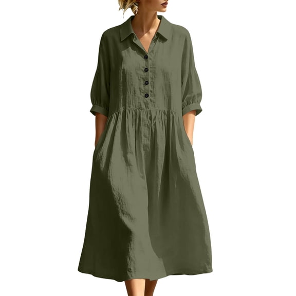 MaFYtyTPR Women's Collared Shirts Dress Half Button 3/4 Sleeve Relaxed Casual Vacation Dresses with Pockets A-Army Green L