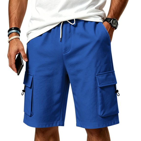 Dwelliawo Men Elastic Waist Hiking Shorts Below The Knee Drawstring Pockets Shorts Cotton Relaxed Fit Casual Summer Shorts Royal Blue S