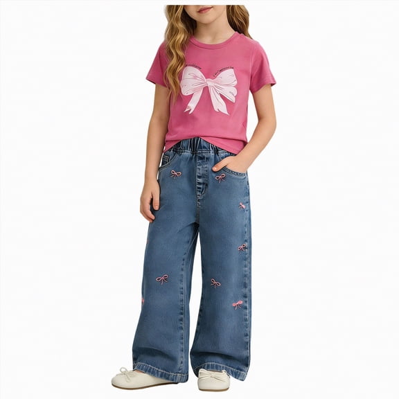 HCNTES Little Girl Summer Clothes Set Girls Short Sleeve Top Elastic Waist Pants Kids Girls Casual School Outfit 4T 5T 6T(D01-Hot Pink,4-5 Years)