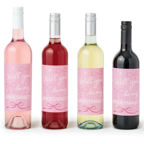 Big Dot of Happiness Pink Bows Will You Be My Bridesmaid Wine Bottle Label Stickers, Tying the Knot Bridesmaid Proposal Labels, Bridal Gift - Set of 4