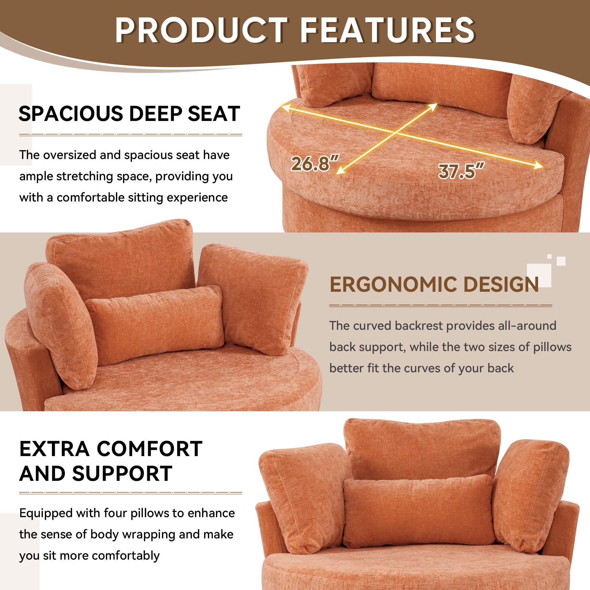 Lunale Oversized Swivel Barrel Accent Chair, Teddy Adult Comfy Reading Armchair, Orange