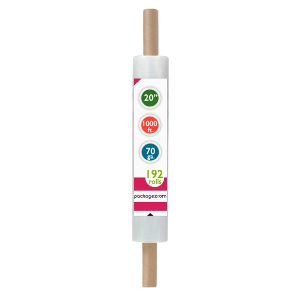 20 inch x 1000 Feet Stretch Wrap Extended Core Handle, Clear Stretch Film, 192 Rolls