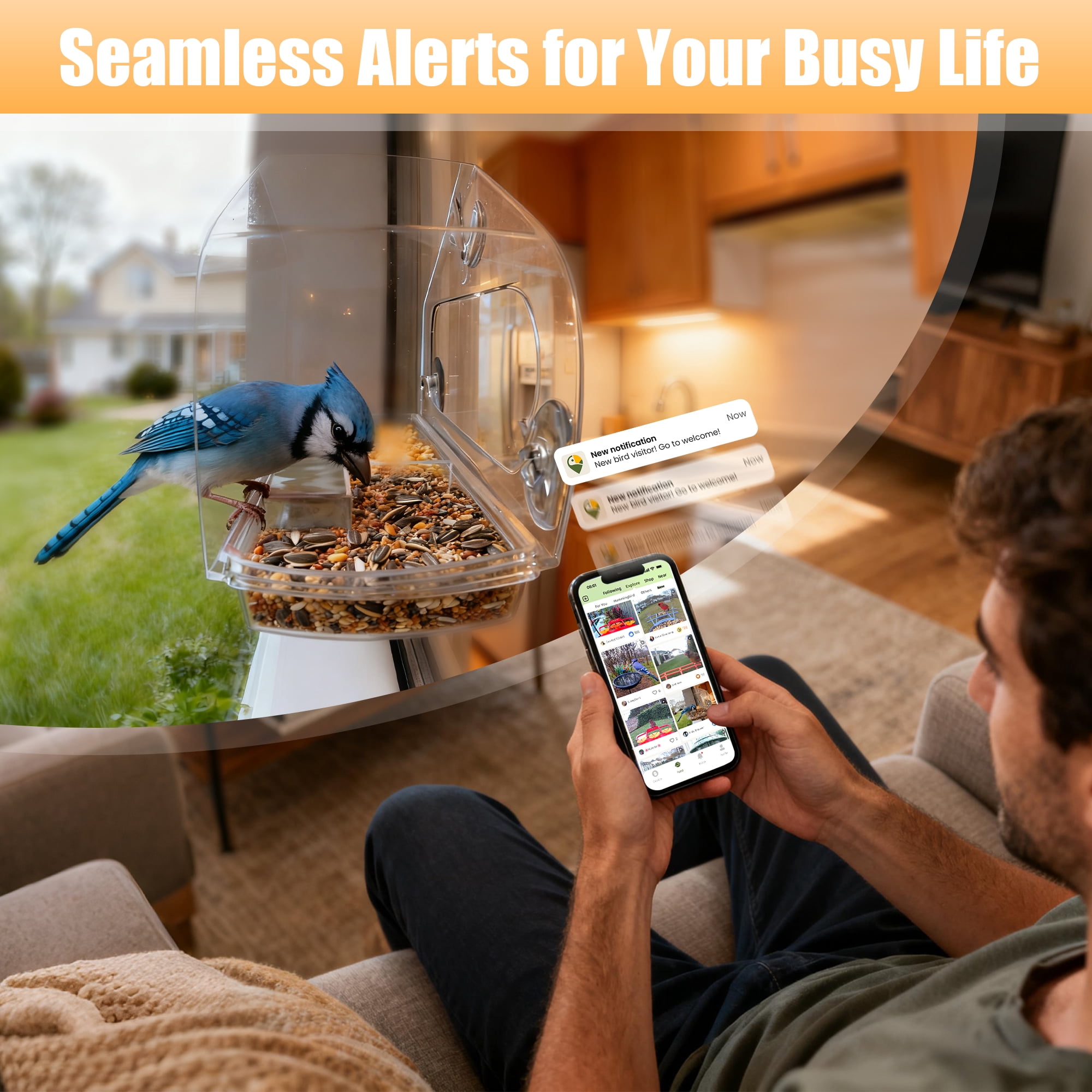 Coolfly x Freeseason Smart Window Bird Feeder with 2K HD Camera, Suction Cup Mount for Apartments, Anti-Glare Video with AI Species ID & No Monthly Fees - Charming House Shape