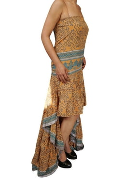 Mogul Womens Hi low Accents Dress Recycled Silk Ruffle Tiered Design Trendy Printed Flowy Strapless Bohemian Sundress M/L