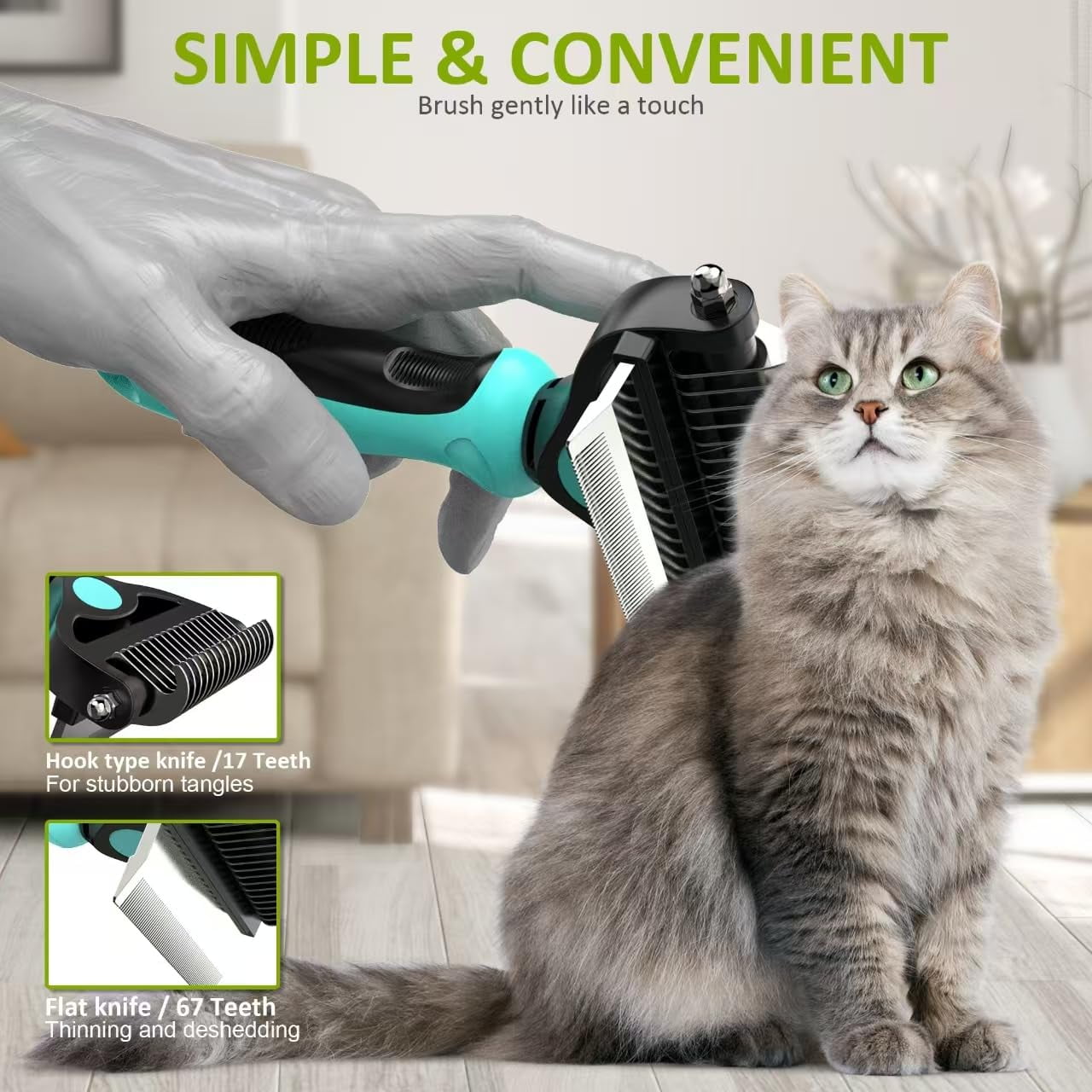 Spring Blossoms-2 in 1 Professional Grooming Rake for Cats & Dogs-Dematting Comb for Easy Mats & Tangles Removing,Hair Removal Cleaner for Pets(Cyan)