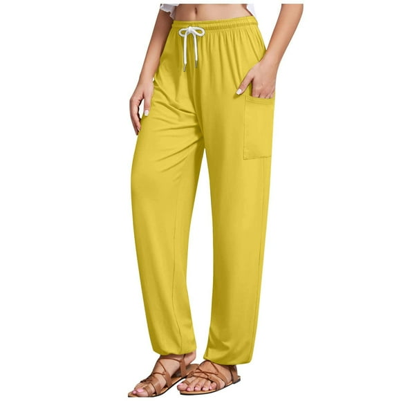 fartey Prime Day Deals Today 2025 Women Summer Yoga Pants With Pockets Drawstring Elastic Waist Pants Casual Solid Color Roomy Fit Joggers Trousers