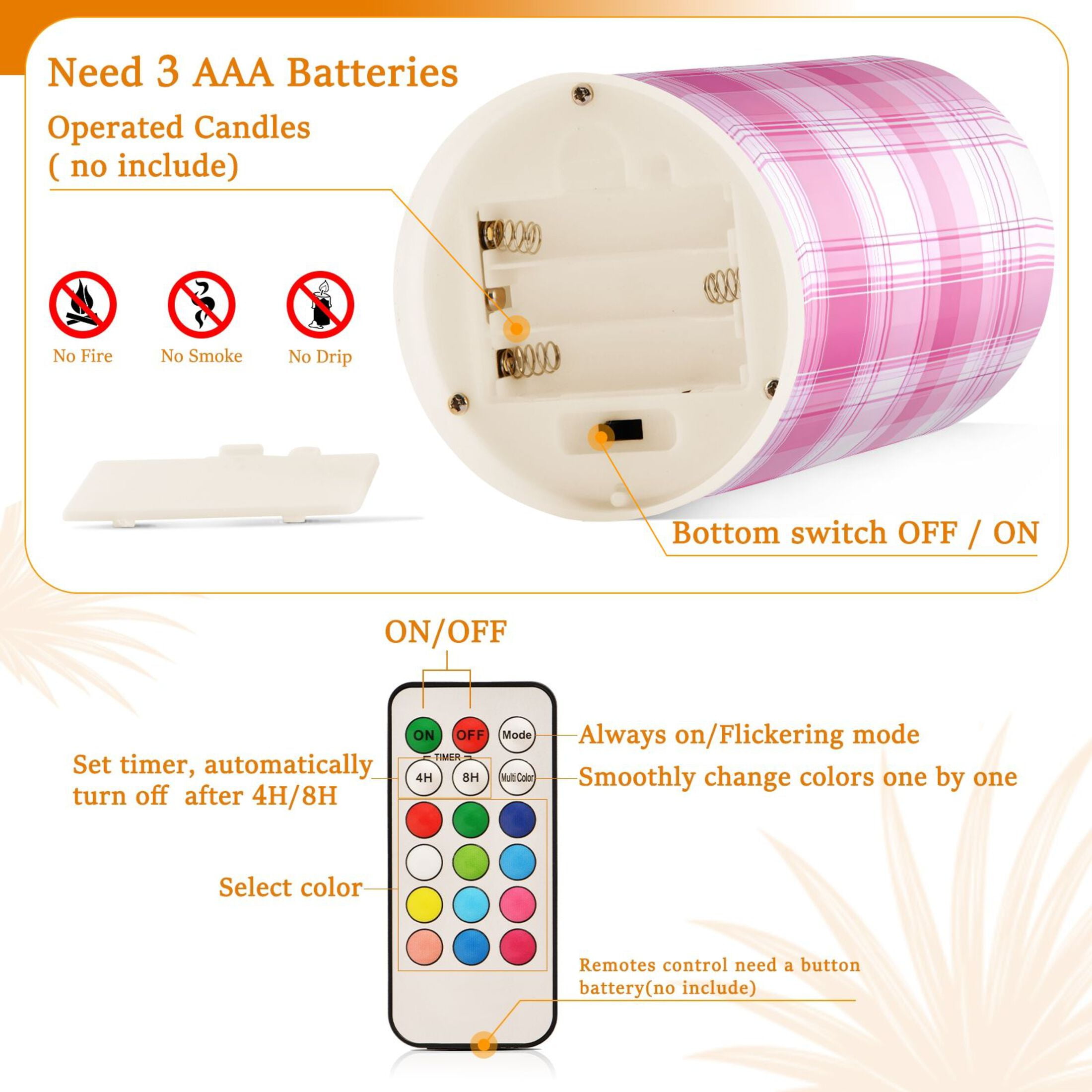 Light Pink Line Flickering Flameless Candles Battery Operated with Remote Timer LED Pillar Candles Set of 2