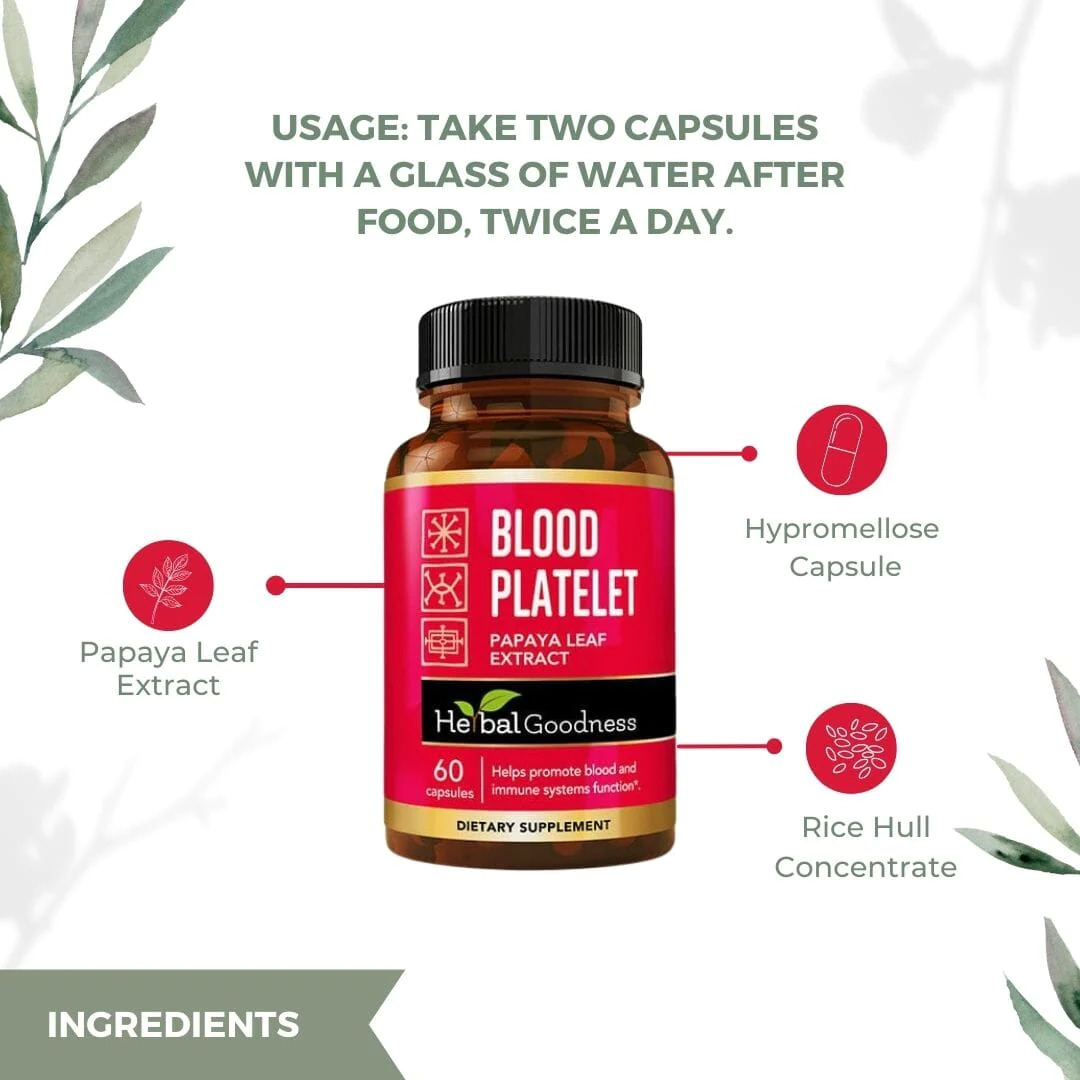 Blood Platelets Supplements, Papaya Leaf, Papaya Pills, Blood Support Formula, Cleanse, Detox Capsule, 60/500mg,  Herbal Goodness