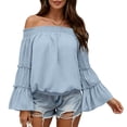 thumbnail image 4 of Tqcoqu Women's Off Shoulder Top,Ruffle Long Sleeve Chiffon Blouse,Casual Loose Trendy Shirts,Light Blue Women's S-XXL, 4 of 8