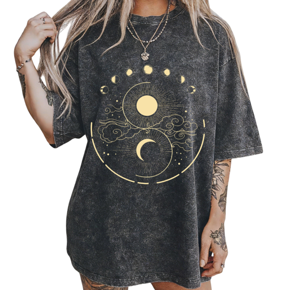 Black Washed Yin Yang Clouds S-2XL Print Tshirt Graphic Tees Shirts Astrology surprise Fashion Tops