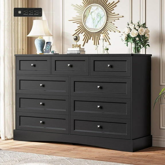 9 Drawers Dresser with Charging Station, Black Dresser Chest of Drawers with 9 Drawers for Bedroom, Large Storage Cabinets for Living Room