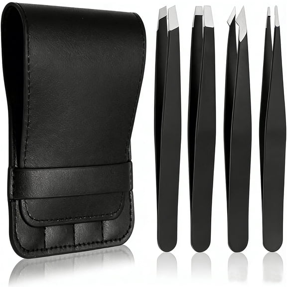 FORICOM Precision Tweezers Set, Pack of 4 Black Professional Tweezers, Handy Tote Bag, Premium Stainless Steel Tweezers Set, Broken Hair, Eyebrows, Facial Repair Tools