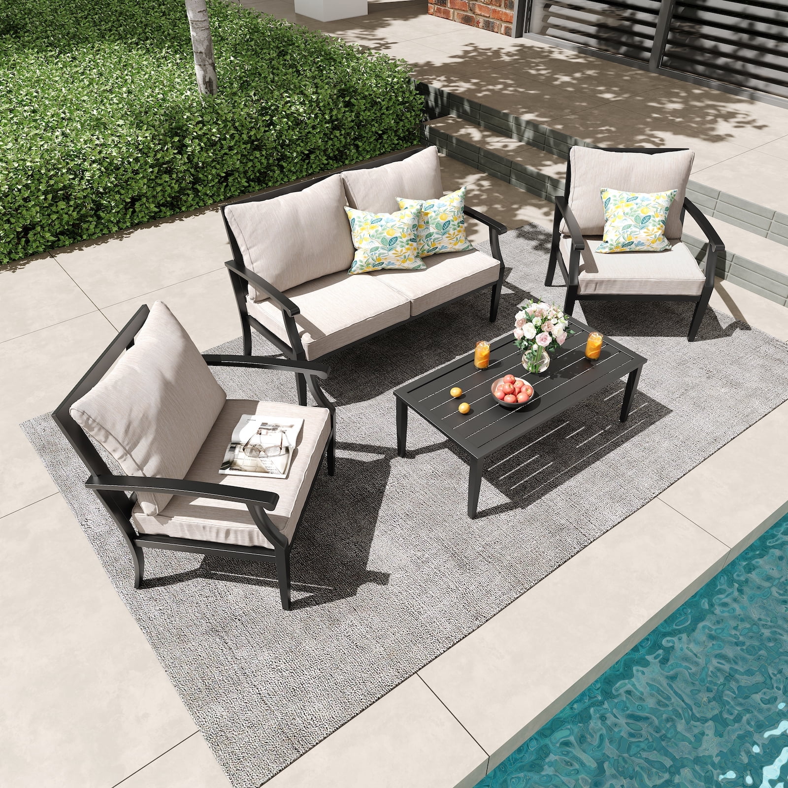 JOYURE 4 pieces Patio Furniture Set w/loveseat,Coffe Table,Outdoor Conversation Metal Sofa with High Back and Thick Cushion,for Backyard,Garden,Beige