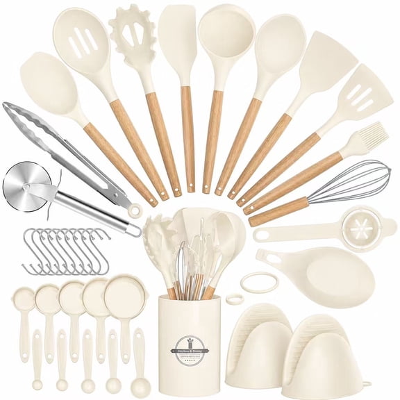 NULAS Kitchen Utensils Set, 37 pcs Non-Stick Silicone Cooking Kitchen Utensils Spatula Set with Holder,446℉ Heat Resistant,Wood Handle Kitchen Gadgets,Beige