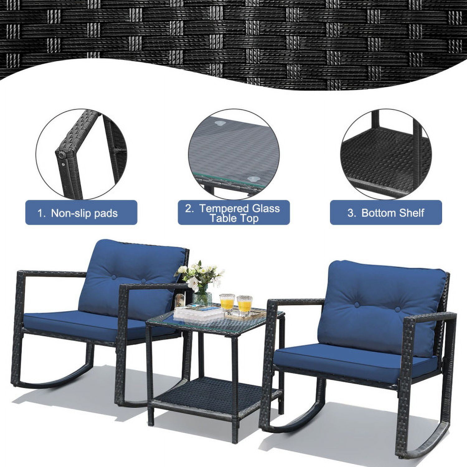Aimee Lii 3 Pieces Patio Rattan Set Rocking Chair, Balcony Chairs, Small Patio Set, Navy Aimee Lii 3 Pieces Patio Rattan Set Rocking Chair, Balcony Chairs, Small Patio Set, Navy