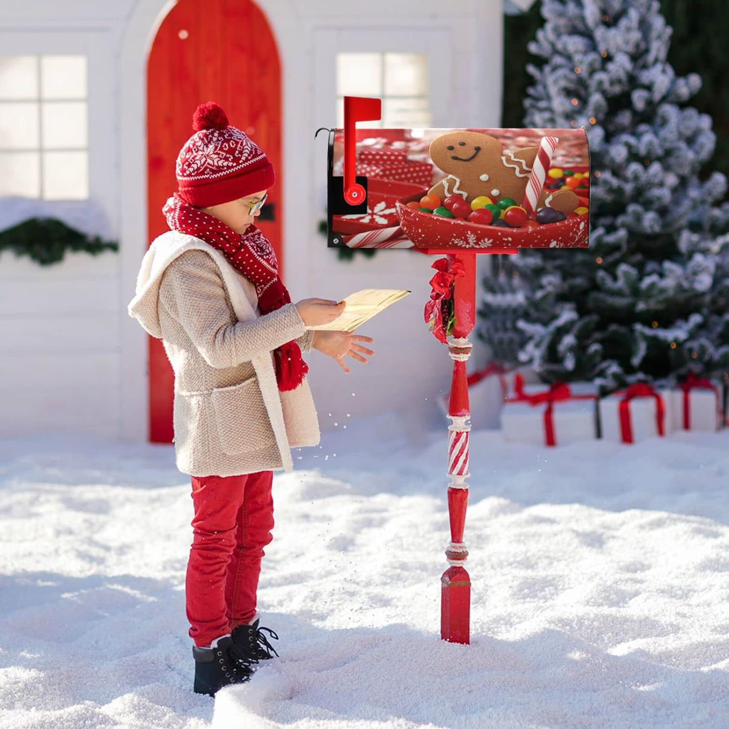 Gingerbread Man Christmas Mailbox Cover Xmas Winter Mailbox Covers Magnetic Large Oversized 21"X25.5" Mailbox Wraps Post Letter Box Cover Garden Decorations