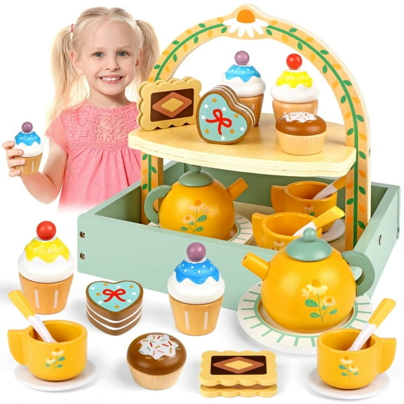 UUSUOO 19PCS Tea Party Set for Little Girls,Wooden Tea Set for Kids,Pretend Play Tea Set with Storage Cupcake Stand and Play Kitchen Accessories,Birthday Gifts for Kids Toddlers Age 3 4 5 6 7 8