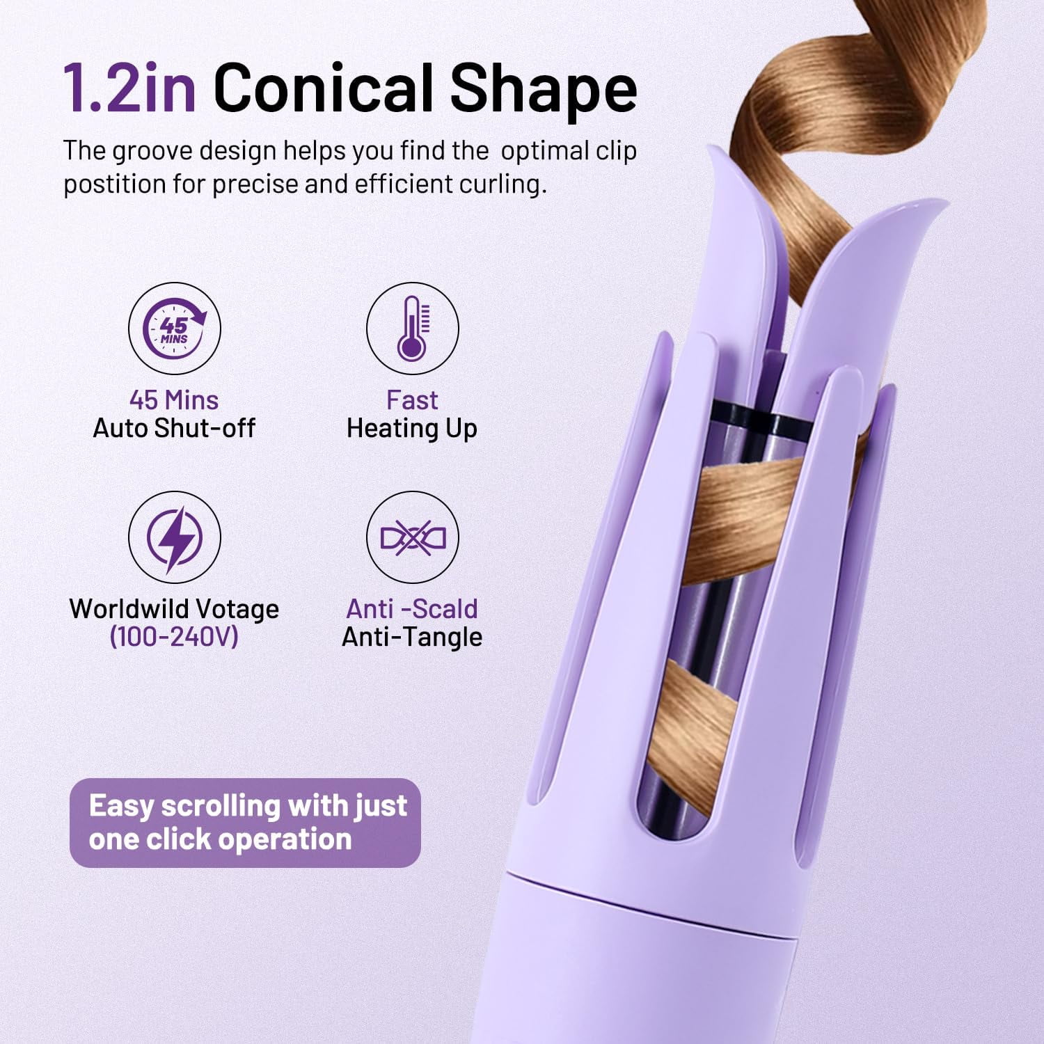 Hair Curler Automatic Rotating with 3 Temperature Sets, Anti-Scald, Anti-Tangle Auto Curling Iron Rotating, Purple