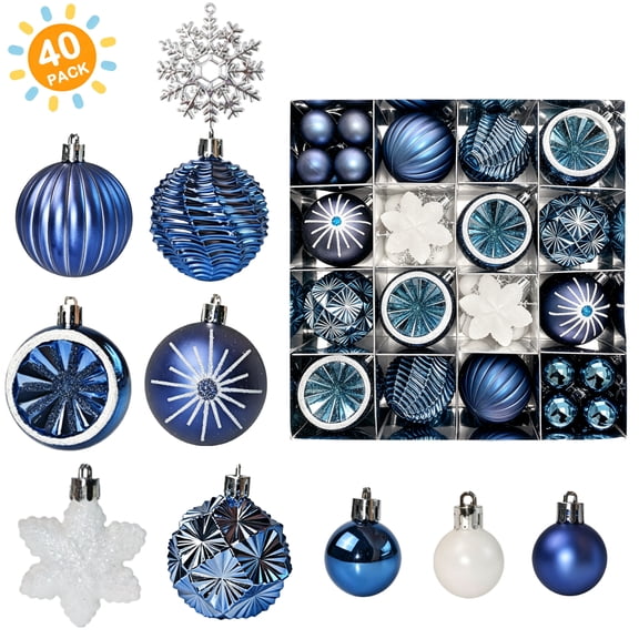 BellaNotes 40Pcs Christmas Tree Ball Ornament Set, Blue and White Glitter Shatterproof Foam Christmas Balls, Christmas Tree Decorations for Holiday Decor(Blue)