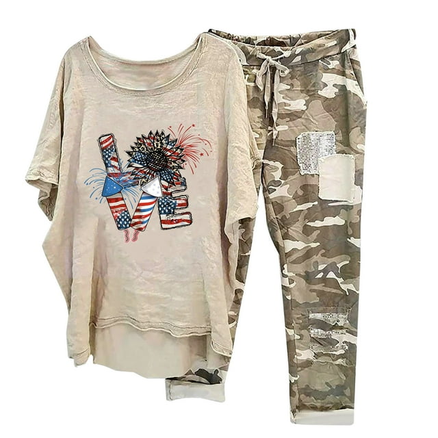 Mikilon Ensemble de Détente Confortable pour Femmes 2 Pcs Imprimé Décontracté Manches Moyennes Col Rond + Pantalon Khaki-F TG