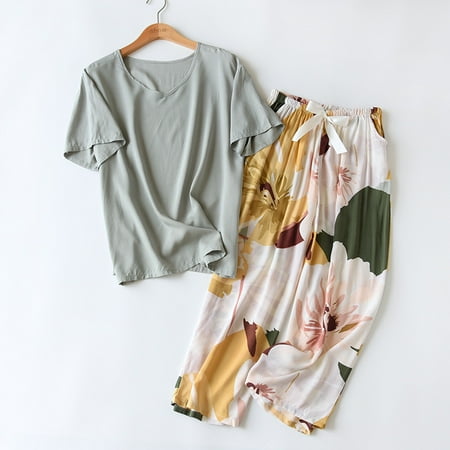

Breathable 2PCS Pajama Short Sleeve Printed Pijama Mujer Femme Loose Nightwear Suit Female Casual Homewear Pajama Set For Women
