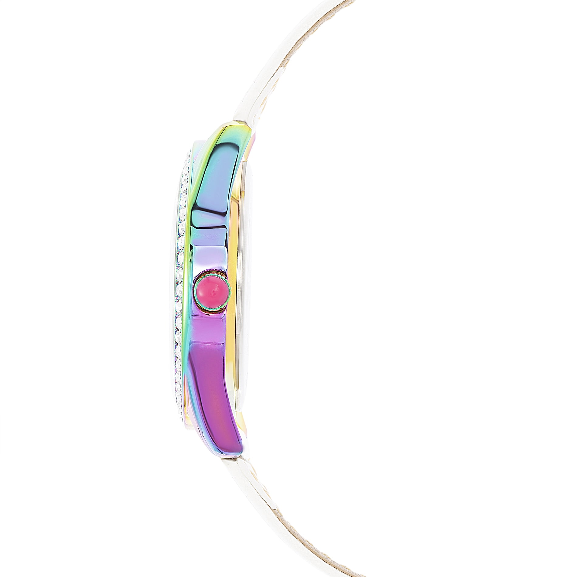 Luv Betsey Women's Sunray Evil Eye Art Dial with Oil Slick Case and White Strap Women's Watch