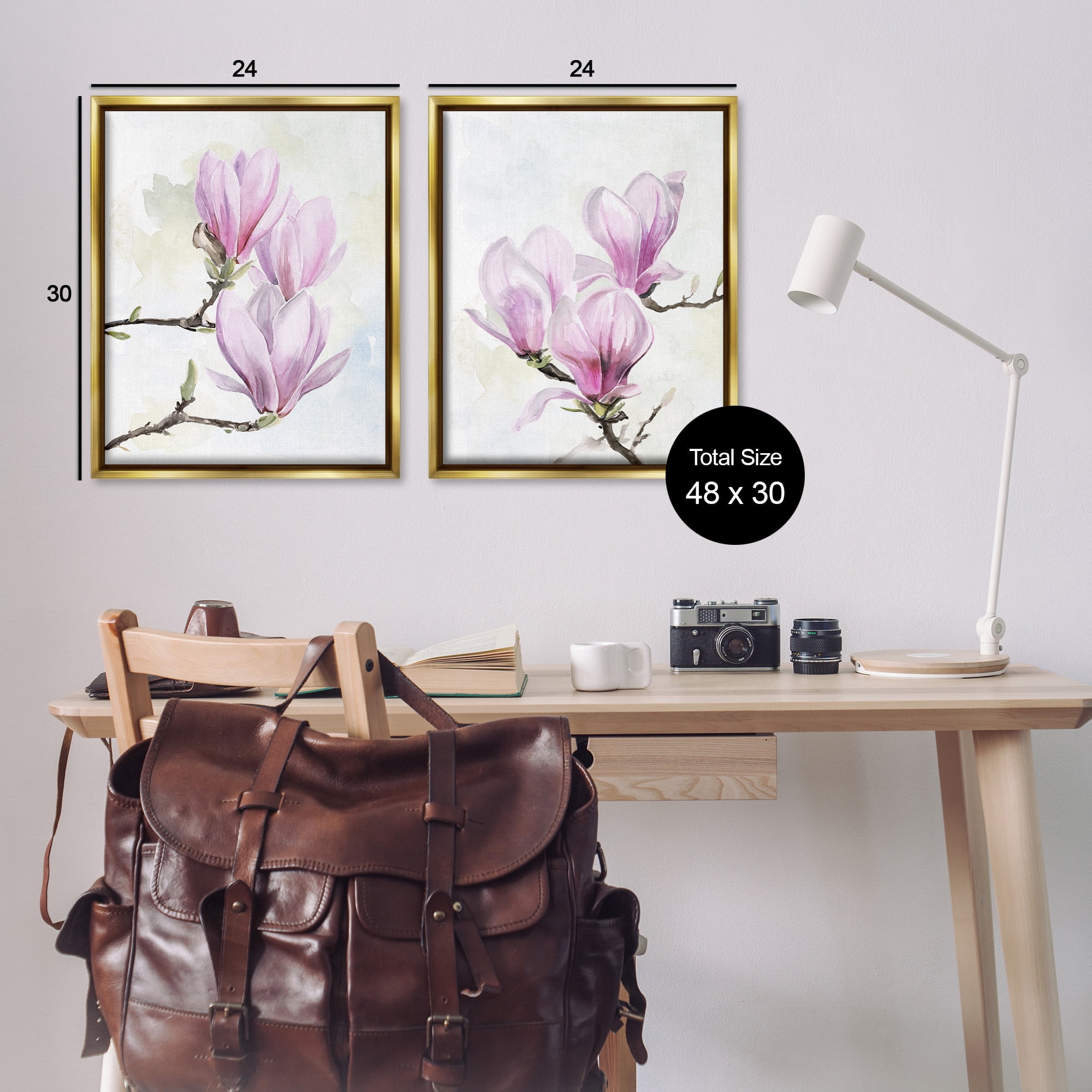 Stupell Industries Pink Magnolia Flower Blossoms Botanical & Floral Painting Gold Floater Framed Canvas Art Print Wall Art, 25 x 31, Set of 2