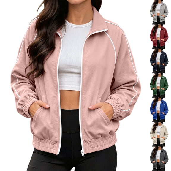 Tqcoqu Women's Stand Collar Full Zip Workout Track Jackets, Lightweight Long Sleeve Sweatshirts,2026 Trendy Fall Coat with Pockets