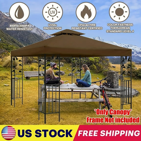 10x10ft 2-Tier Gazebo Replacement Canopy UV Sunshade Heavy Duty Brown Top Easy Assembly for BBQ Garden Backyard Compatible with Standard Frames