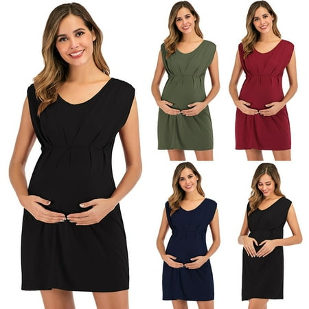 

Tejiojio Maternity/Labor/Nursing Clothing Clearance Women s Maternity Pregnancy Sleeveless O-neck Solid Color Dress