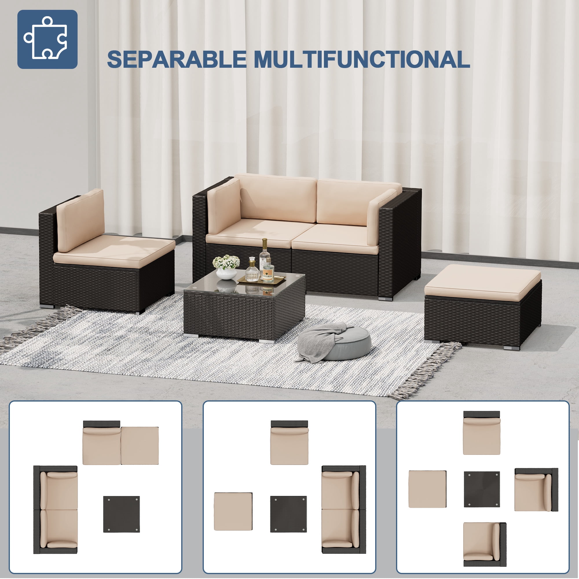 SOLAURA 5-Piece Outdoor Patio Furniture Sofa Set, Rattan Wicker Sectional Sofa with Ottoman, Glass Coffee Table & Cushions, Outdoor Conversation Set for Backyard, Garden, Porch, Brown