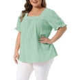 thumbnail image 4 of Agnes Orinda Women's Plus Size Easter Top Square Neck Ruffle Sleeve Pleated Front Hollow Summer Casual Blouse 4X Green, 4 of 6