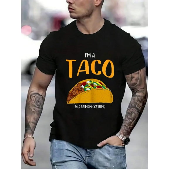 100% Cotton I'a Taco In A Human Costume Halloween Cosplay Easy Outfit Printed T-Shirt, Short-Sleeved Crew Neck Casual Top, Suitable For All Seasons, Men's Wear