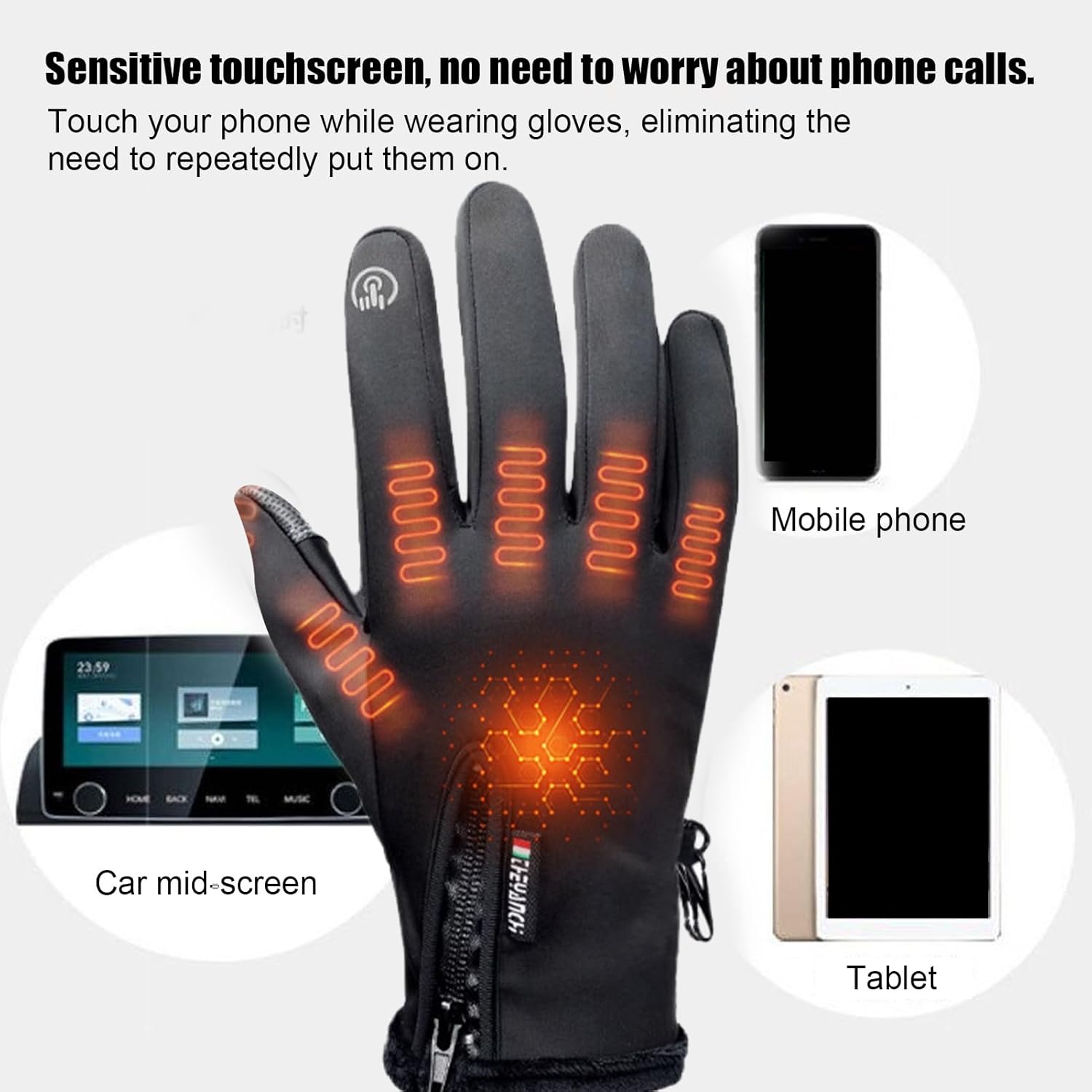 Heated Glove with 3 Heat Settings, Rechargeable Heated Gloves, Winter Gloves for Men and Women, Windproof Anti-Slip Gloves, Full Finger Gloves for Running,Driving,Hiking,and Skiing(Batteries not incl