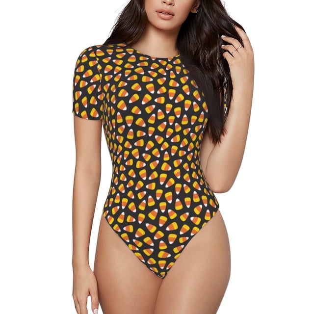 Balery Candy Corn Body de cuello redondo de manga corta para mujer Tops de manga corta Tops básicos-Small