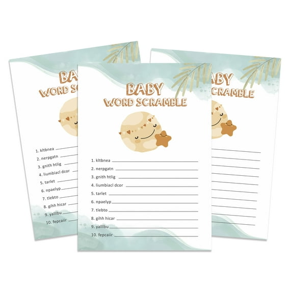 Inkdotpot Pack of 50, Boy/Girl Baby Shower Party Collection, Word Scramble Game Cards, Fun Baby Shower Party Games, Activities, Decorations, Cloud & Balloons Theme Party Supply
