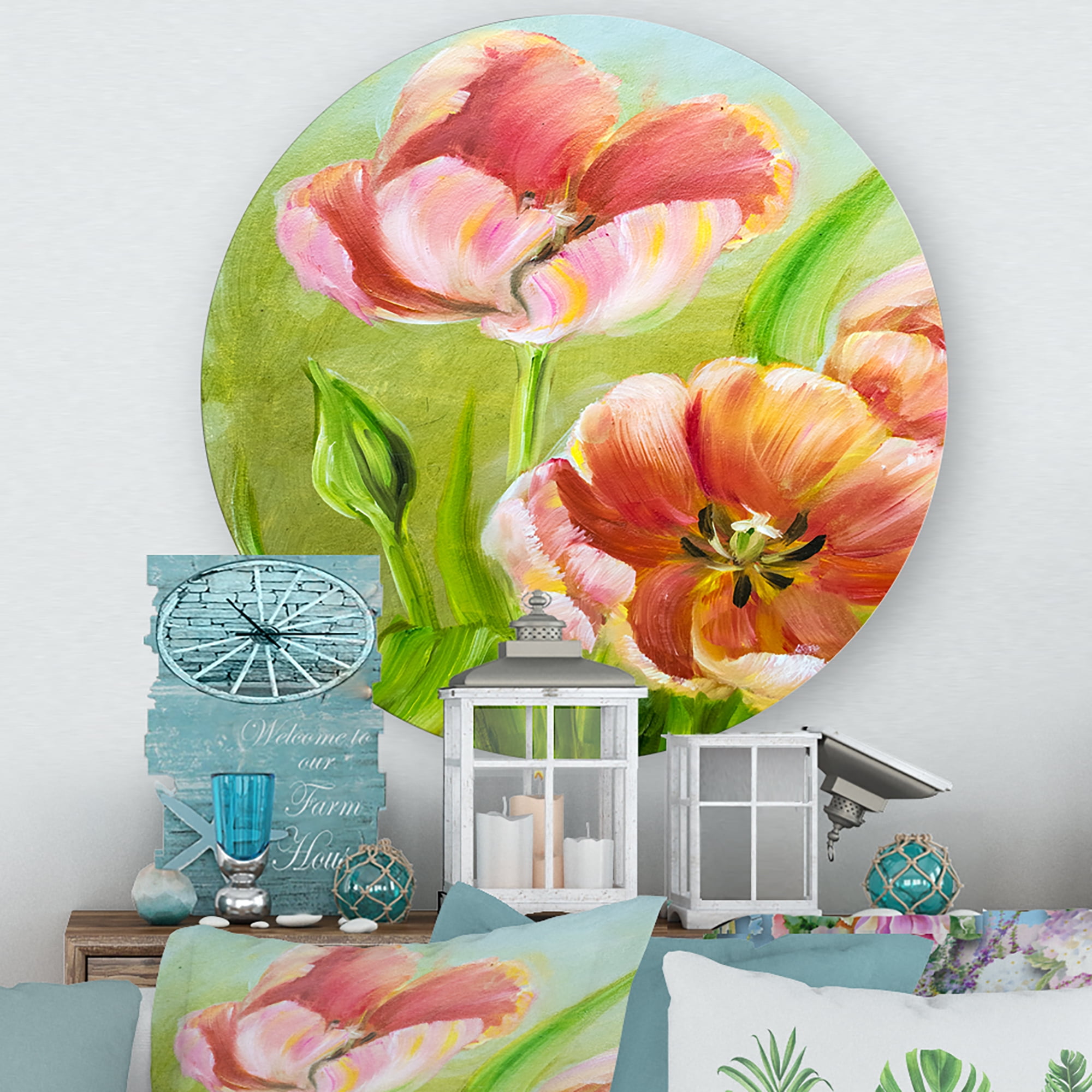 Designart 'Ancient Red Tulips Flowers III' Traditional Circle Metal Wall Art 23x23 - Disc of 23
