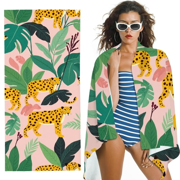 RKSupls Tropical Leopard Microfiber Beach Towel, Extra Large Quick Dry Lightweight Absorbent Towel for Travel Swimming Camping, Soft Super Absorbent- 30x60 in