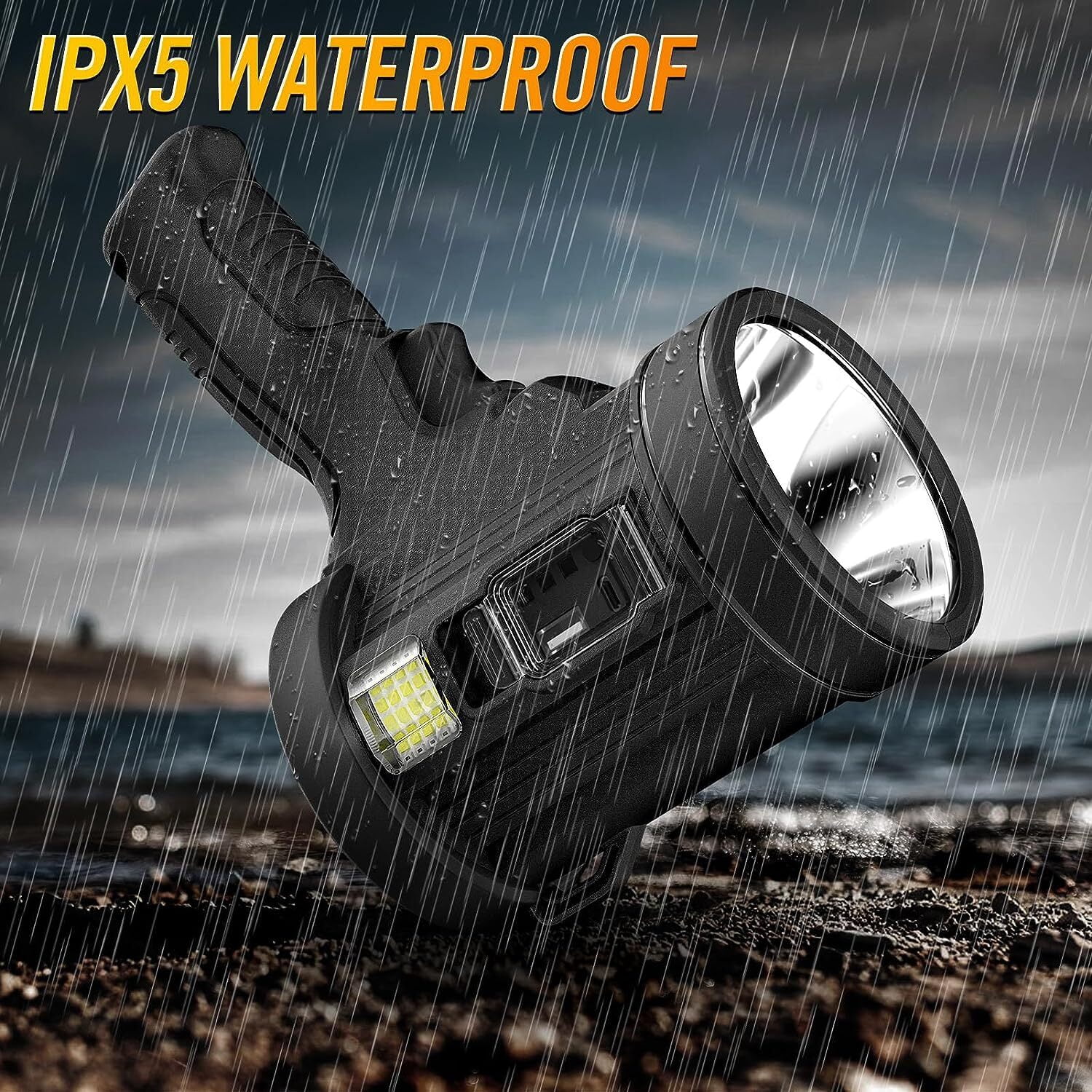 Rechargeable Handheld Spotlight, LED Handheld Flashlight with Solar Panel, Waterproof Spotlight for Camping