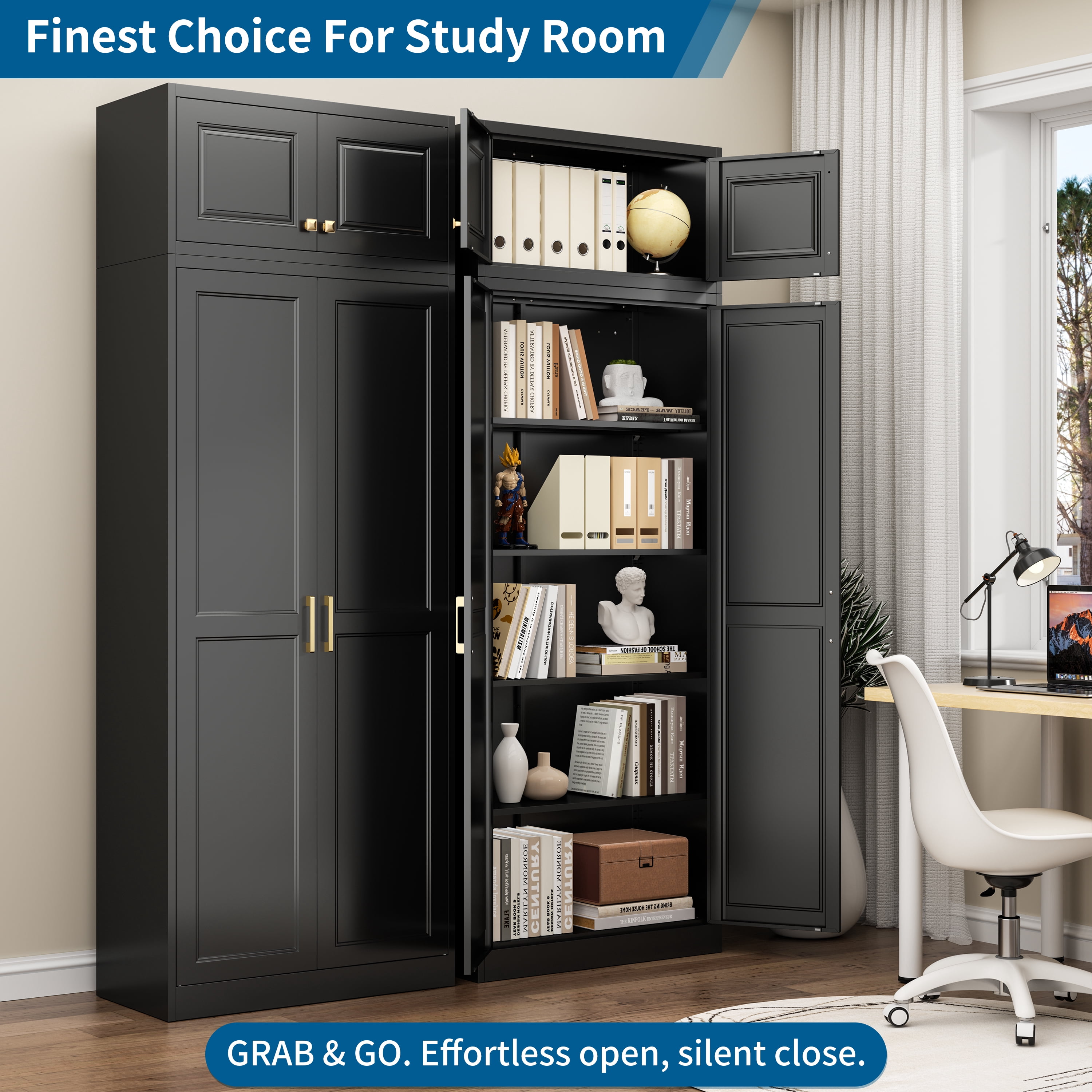 Polup 86" Height Modern Metal Pantry Storage Cabinet with Doors and Adjustable Shelves Black for Living Room Kitchen and Home