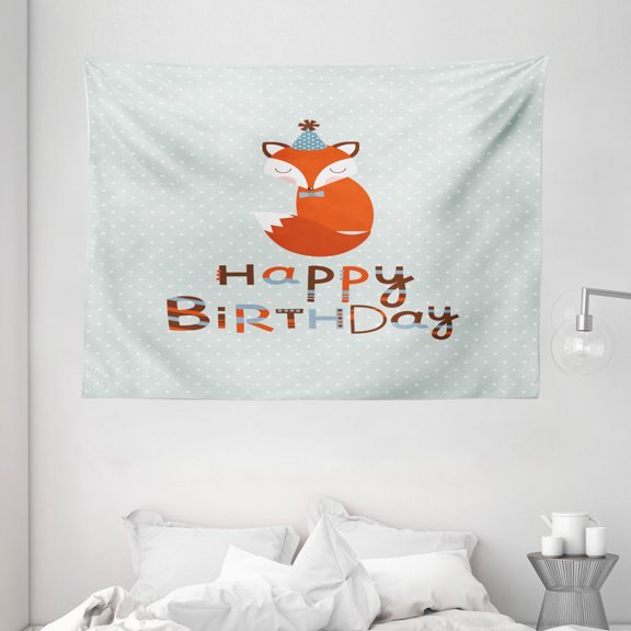 Birthday Decorations Tapestry, Cute Fox Sleeping on Dotted Backdrop Greeting Message, Wall Hanging for Bedroom Living Room Dorm Decor, 80W X 60L Inches, Orange Light Blue Beige, by Ambesonne