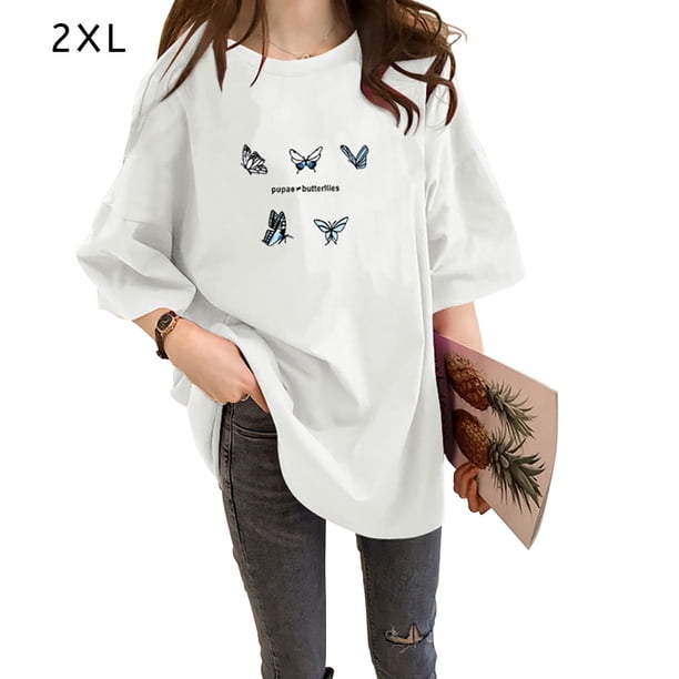 Camiseta de mujer estampada, manga corta, cuello redondo, camiseta holgada de verano, blanco, XXL seitruly AP001204-32B