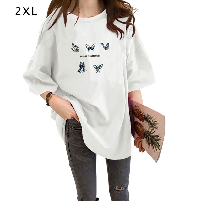 Camiseta de mujer estampada, manga corta, cuello redondo, camiseta holgada de verano, blanco, XXL kenally AP001204-32B