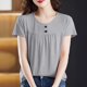 thumbnail image 2 of Tops de Manga Corta de Mujer Casual Botón de Color Sólido Plegado Cuello Redondo Suéter de Moda para el Hogar Y el Uso Diario, 2 of 7
