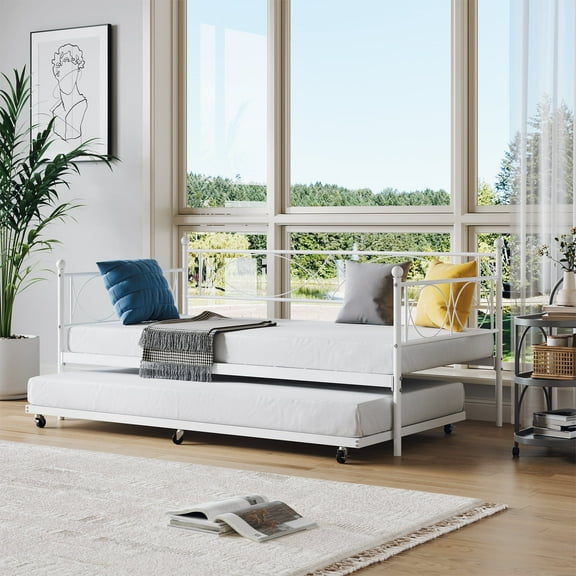 COZONY Twin Metal Daybed with Trundle, Sofa Bed Frame, Durable & Heavy Duty Metal Slats, Living Room, Bedroom, Space-Saving, Max Load 500lbs, White