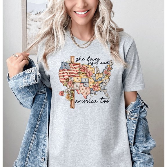Moonlight Apparel She Loves Jesus and America Too Shirt Patriotic Christian T Shirt for Women Floral USA Map Multicolor Graphic Tee Black Casual Faith Based Top