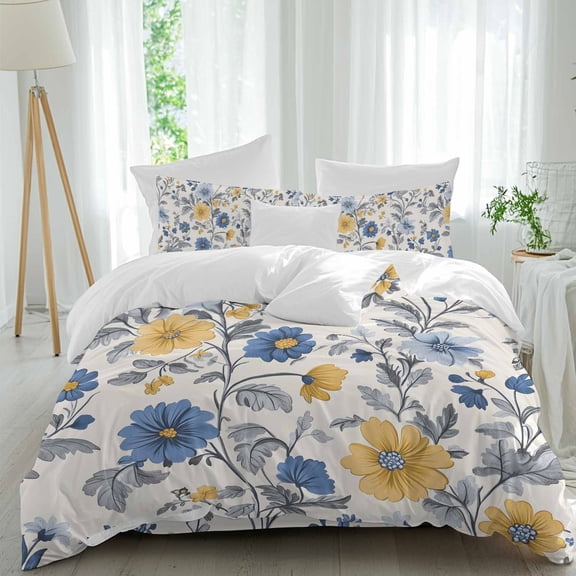Yellow Blue Flower Duvet Cover Set Queen Size Abstract Floral Art Leaf Vintage Soft Lightweight Comforter Covers 4 Piece Bedding Set with 1 Duvet Cover 1 Bed Sheet & 2 Pillow Shams