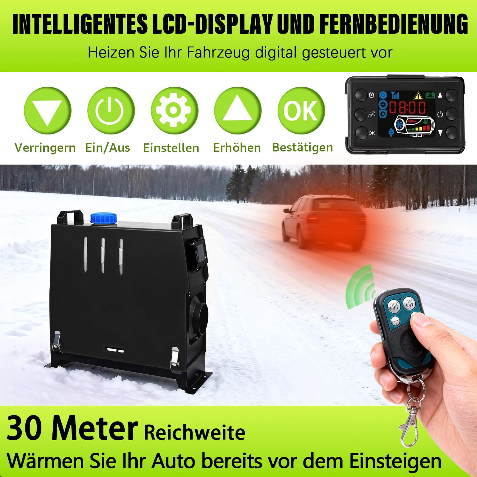 RJFKSN 12V 8KW All-in-One Diesel Heater, Portable Air Parking Heater with 5L Tank, LCD Display & Remote Control, Quiet Fast Heating with Silencer for RV, Truck, Boat, Camper, Trailer