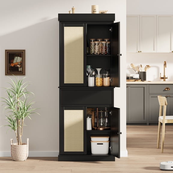 Slim Tall Pantry Cabinet with 4 Rattan Doors, Drawer & 2 Adjustable Shelves – Freestanding Storage for Entryway Kitchen Dining Bathroom Office